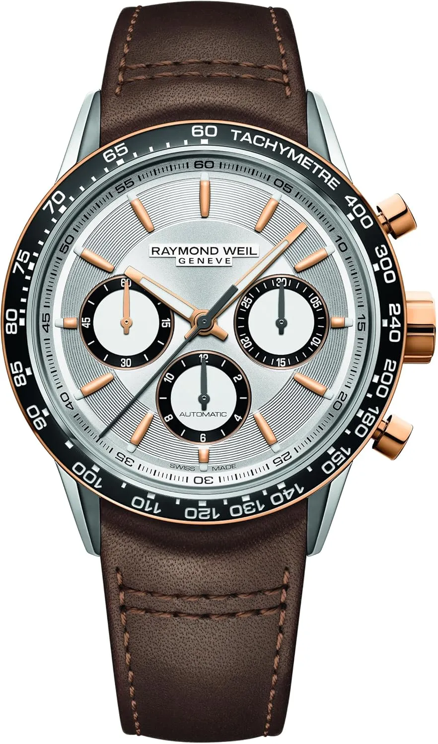 Dial, Stainless Steel with Rose Gold PVD rigid Plating, Genuine Brown Leather Strap, 43.5mm(Model:7741-S51-65021) RAYMOND WEIL Freelancer Men's Automatic Watch, Chronograph, Black Ceramic Bezel, Silver 