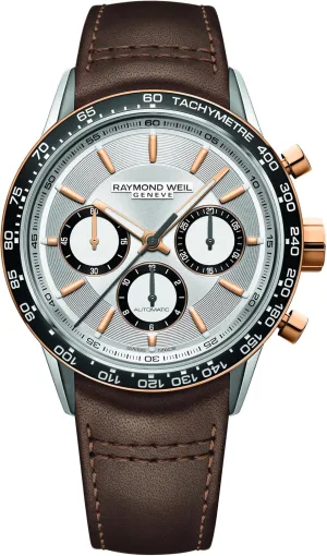 Dial, Stainless Steel with Rose Gold PVD rigid Plating, Genuine Brown Leather Strap, 43.5mm(Model:7741-S51-65021) RAYMOND WEIL Freelancer Men's Automatic Watch, Chronograph, Black Ceramic Bezel, Silver 