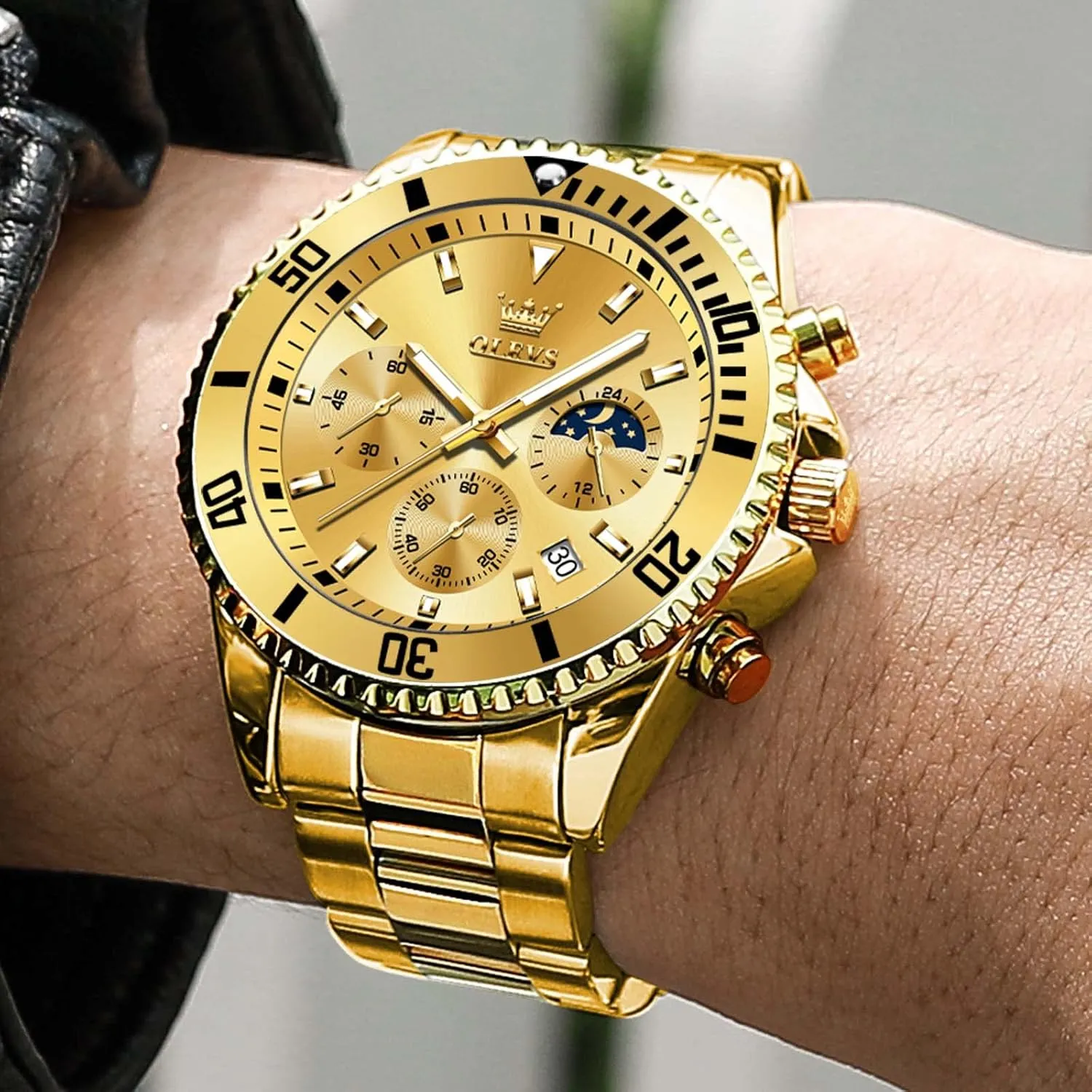 Dial Watches for deliberation scratch Men Stainless Steel Watch with Day Waterproof Analog Quartz Watches for Man Classic Business Wristwatch Luxury Luminous Round for Men Rotatable Bezel Watch OLEVS Men Watch,Big 