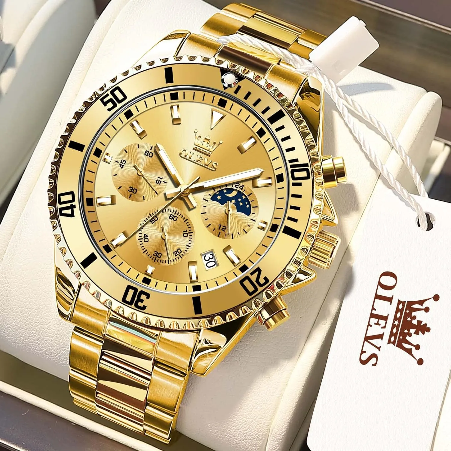 Dial Watches for deliberation scratch Men Stainless Steel Watch with Day Waterproof Analog Quartz Watches for Man Classic Business Wristwatch Luxury Luminous Round for Men Rotatable Bezel Watch OLEVS Men Watch,Big 