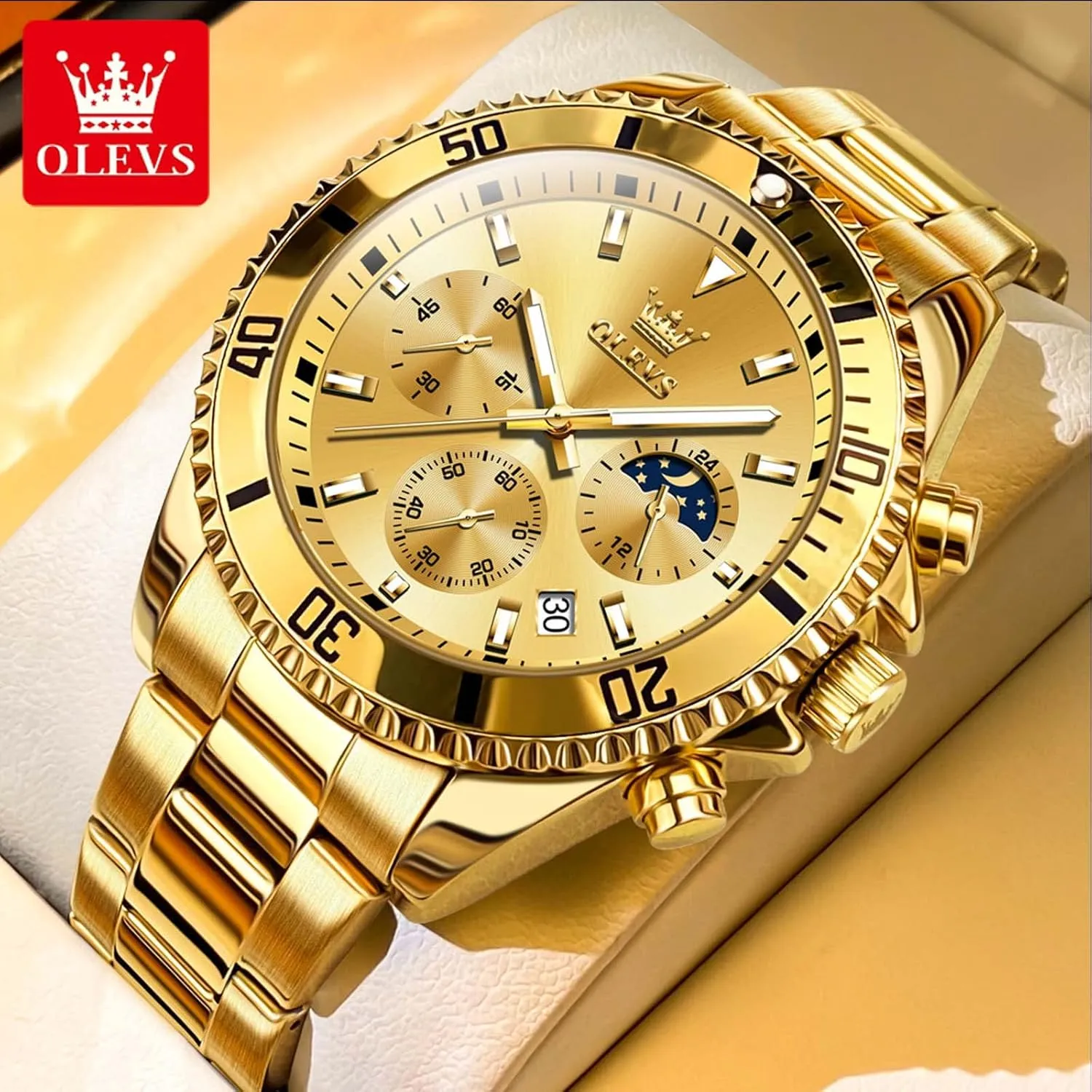 Dial Watches for deliberation scratch Men Stainless Steel Watch with Day Waterproof Analog Quartz Watches for Man Classic Business Wristwatch Luxury Luminous Round for Men Rotatable Bezel Watch OLEVS Men Watch,Big 