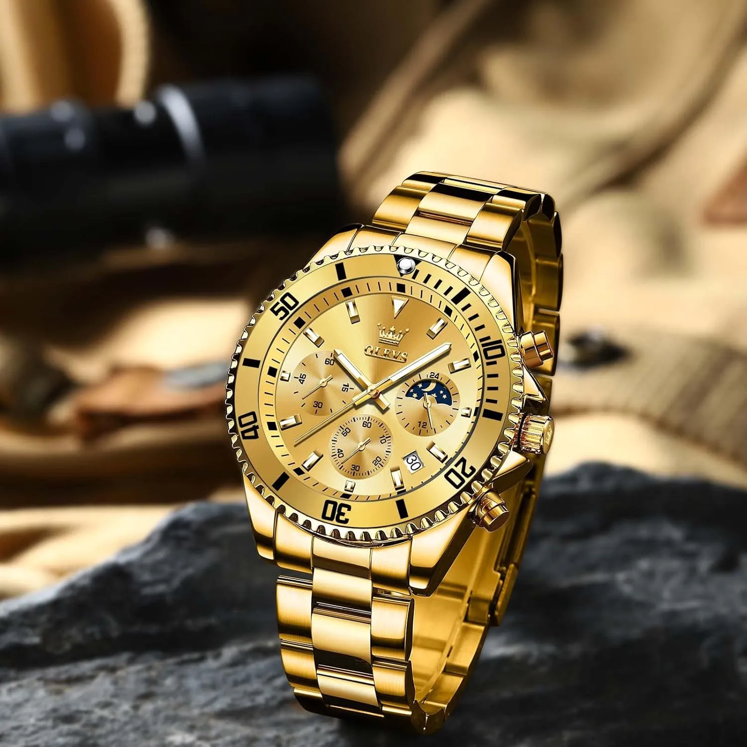 Dial Watches for deliberation scratch Men Stainless Steel Watch with Day Waterproof Analog Quartz Watches for Man Classic Business Wristwatch Luxury Luminous Round for Men Rotatable Bezel Watch OLEVS Men Watch,Big 