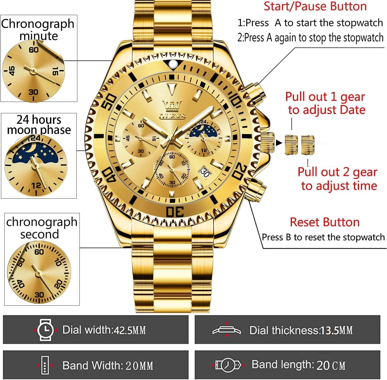 Dial Watches for deliberation scratch Men Stainless Steel Watch with Day Waterproof Analog Quartz Watches for Man Classic Business Wristwatch Luxury Luminous Round for Men Rotatable Bezel Watch OLEVS Men Watch,Big 