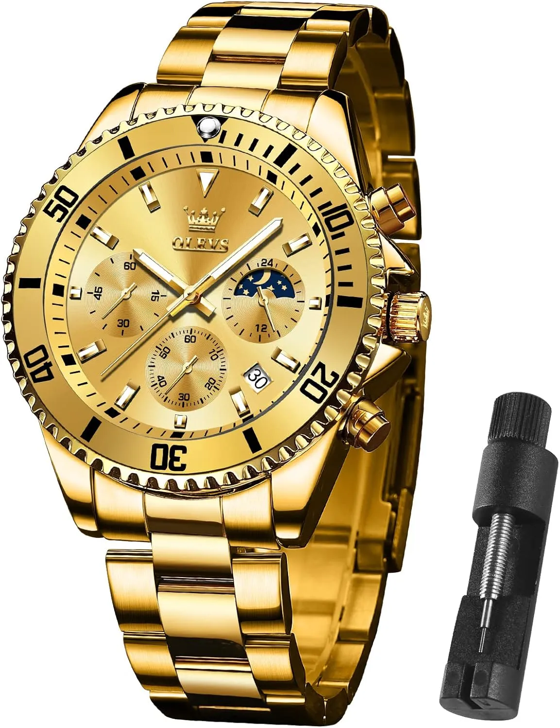 Dial Watches for deliberation scratch Men Stainless Steel Watch with Day Waterproof Analog Quartz Watches for Man Classic Business Wristwatch Luxury Luminous Round for Men Rotatable Bezel Watch OLEVS Men Watch,Big 