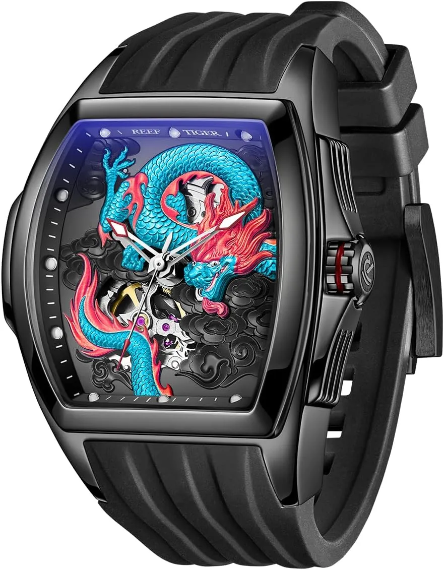 Dial Watches Waterproof Wristwatch RGA3061 REEF TIGER Men??s Luxury Tonneau Skeleton nostril ruin Mechanical Automatic Watch Self-Winding Lumious Dragon 
