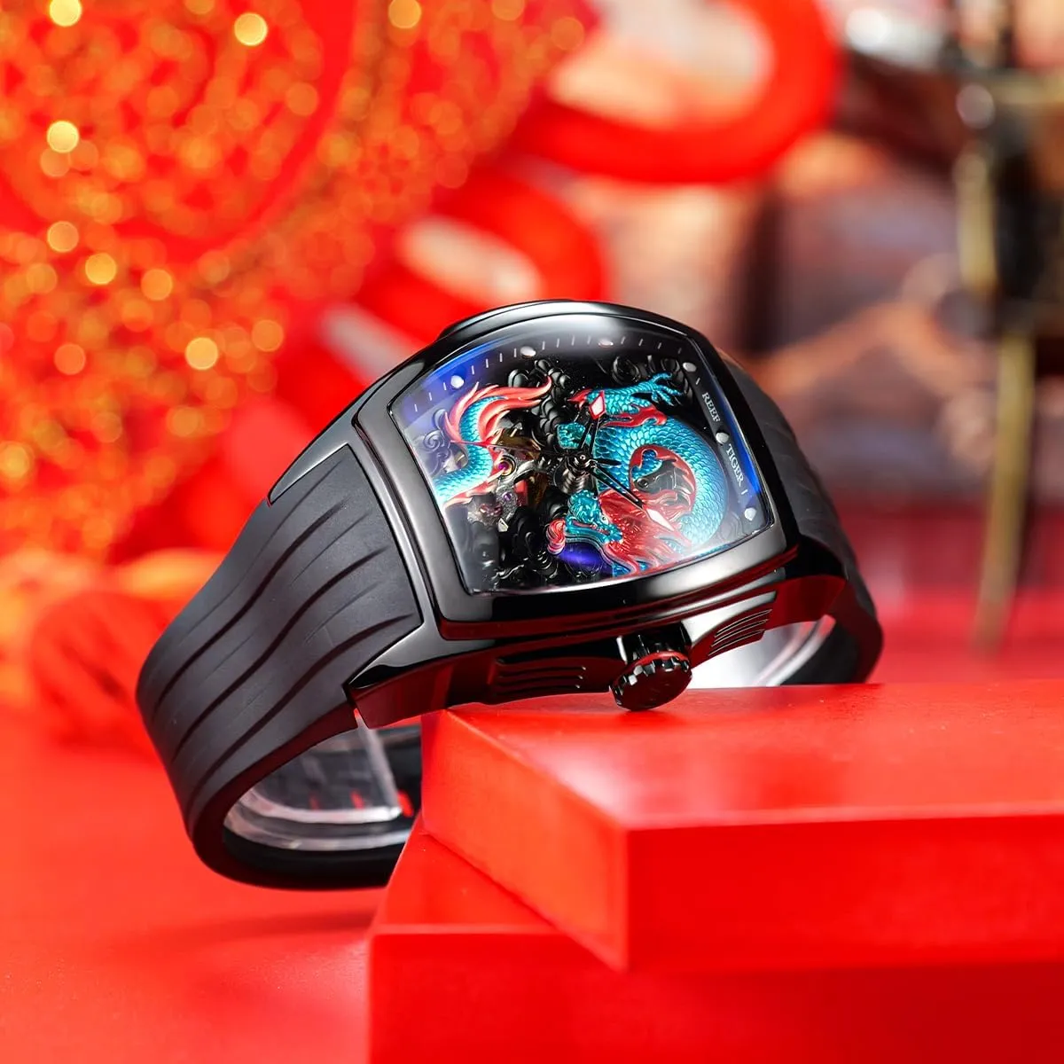 Dial Watches Waterproof Wristwatch RGA3061 REEF TIGER Men??s Luxury Tonneau Skeleton nostril ruin Mechanical Automatic Watch Self-Winding Lumious Dragon 