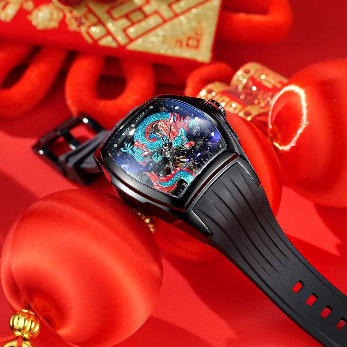 Dial Watches Waterproof Wristwatch RGA3061 REEF TIGER Men??s Luxury Tonneau Skeleton nostril ruin Mechanical Automatic Watch Self-Winding Lumious Dragon 