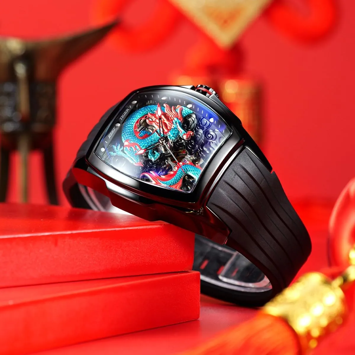 Dial Watches Waterproof Wristwatch RGA3061 REEF TIGER Men??s Luxury Tonneau Skeleton nostril ruin Mechanical Automatic Watch Self-Winding Lumious Dragon 