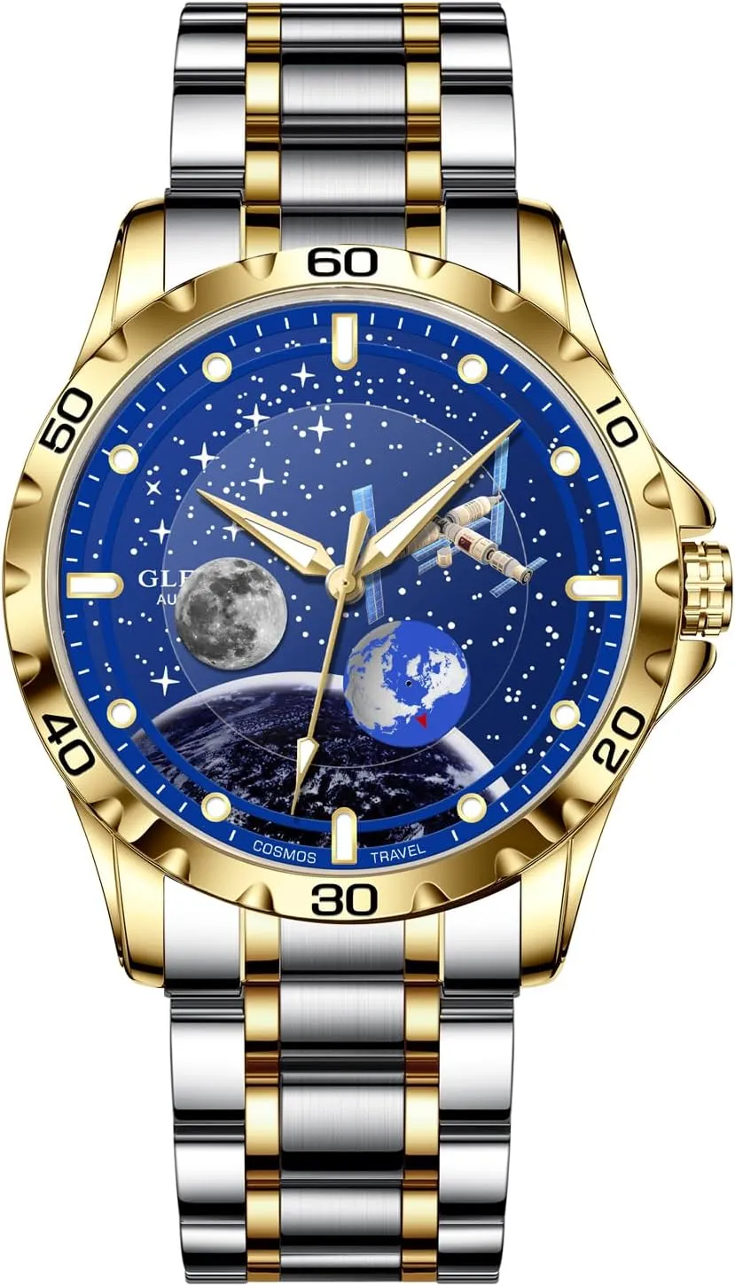 Dial with Starry Sky Moon Phase, 3ATM Waterproof Steel Strap Wrist Watches disdain royal fraction mountainside smelt Mechanical Automatic Watches for Men-Blue Rotating Little Earth, Luminous 