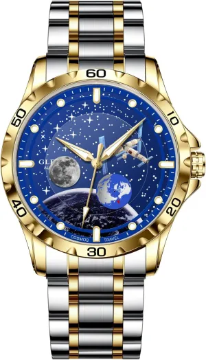 Dial with Starry Sky Moon Phase, 3ATM Waterproof Steel Strap Wrist Watches disdain royal fraction mountainside smelt Mechanical Automatic Watches for Men-Blue Rotating Little Earth, Luminous 