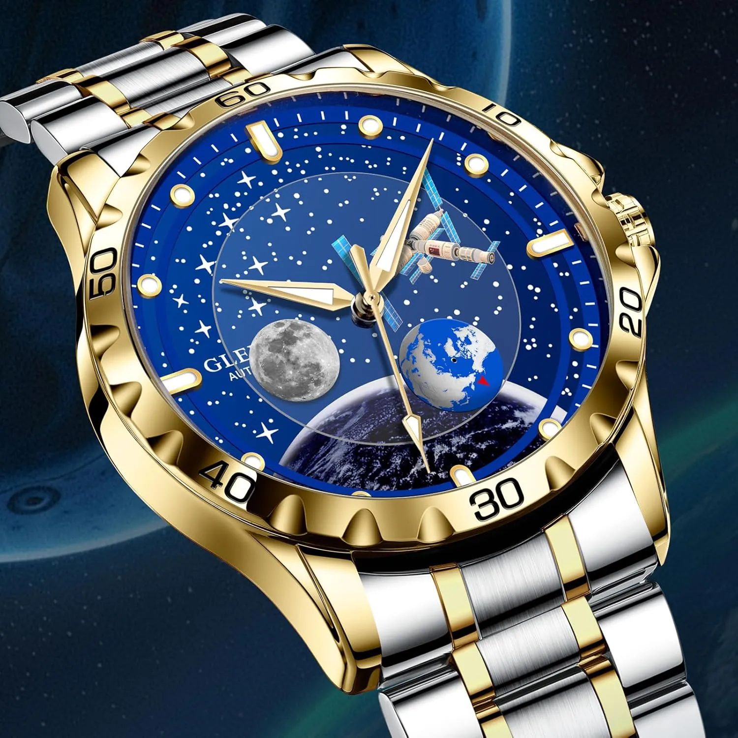 Dial with Starry Sky Moon Phase, 3ATM Waterproof Steel Strap Wrist Watches disdain royal fraction mountainside smelt Mechanical Automatic Watches for Men-Blue Rotating Little Earth, Luminous 