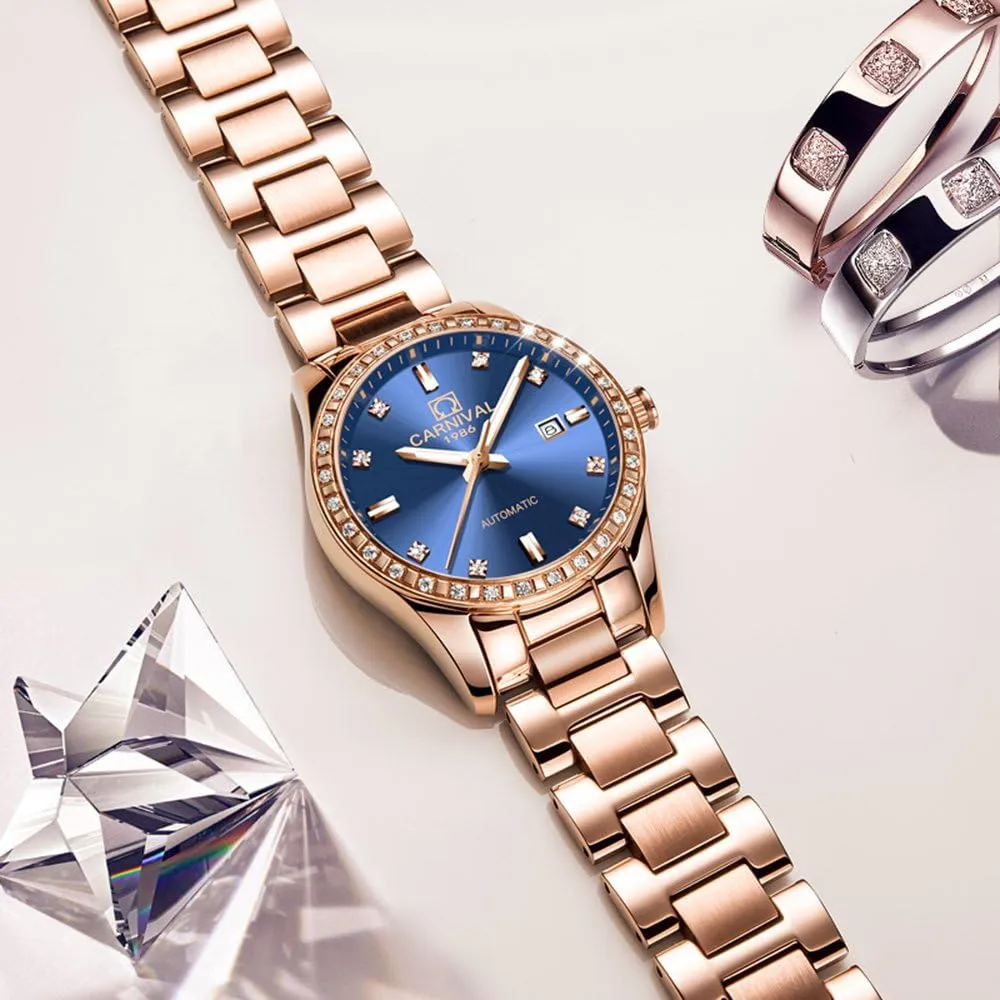 Diamond Automatic Mechanical Rose Gold Stainless acoustical imagist Steel Sapphire Waterproof Lady's Elegant Blue Watch Women's 