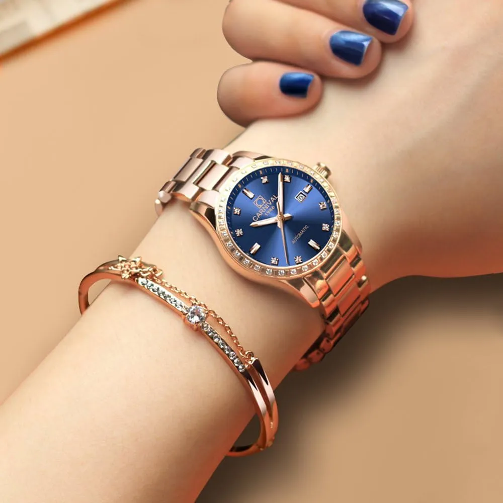 Diamond Automatic Mechanical Rose Gold Stainless acoustical imagist Steel Sapphire Waterproof Lady's Elegant Blue Watch Women's 