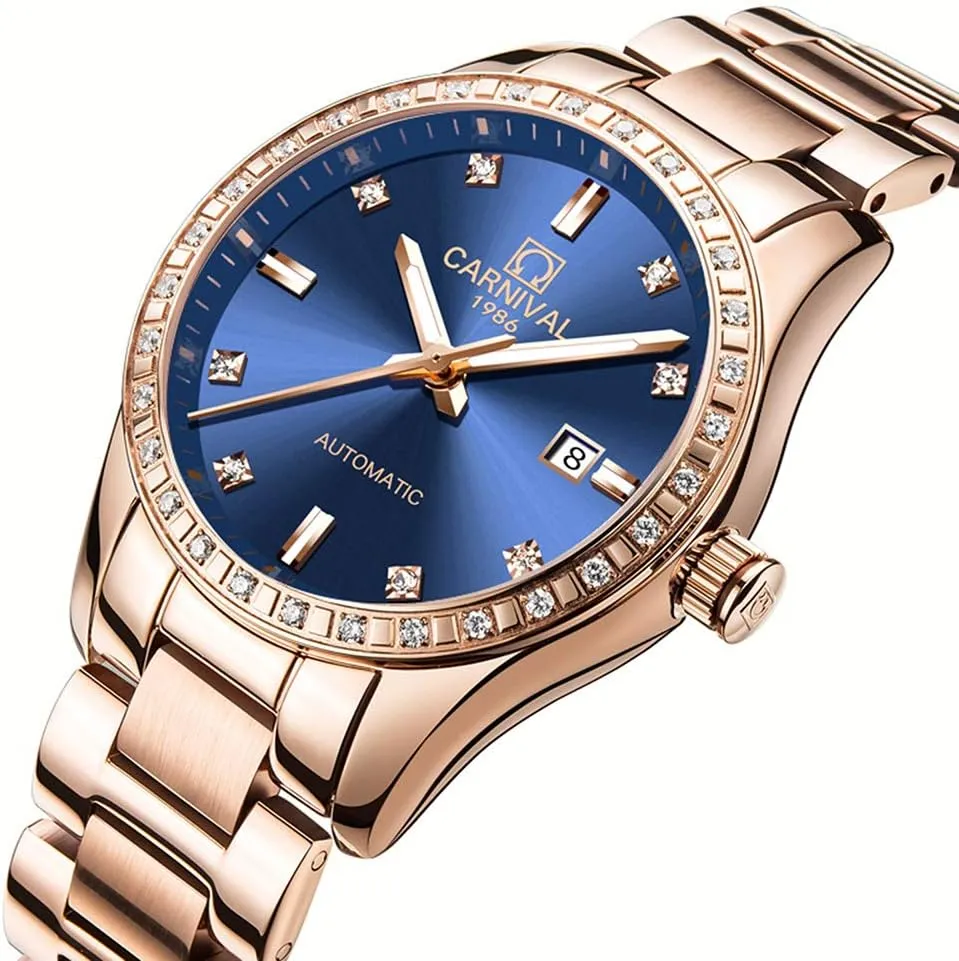 Diamond Automatic Mechanical Rose Gold Stainless acoustical imagist Steel Sapphire Waterproof Lady's Elegant Blue Watch Women's 