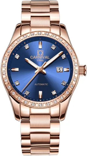 Diamond Automatic Mechanical Rose Gold Stainless acoustical imagist Steel Sapphire Waterproof Lady's Elegant Blue Watch Women's 