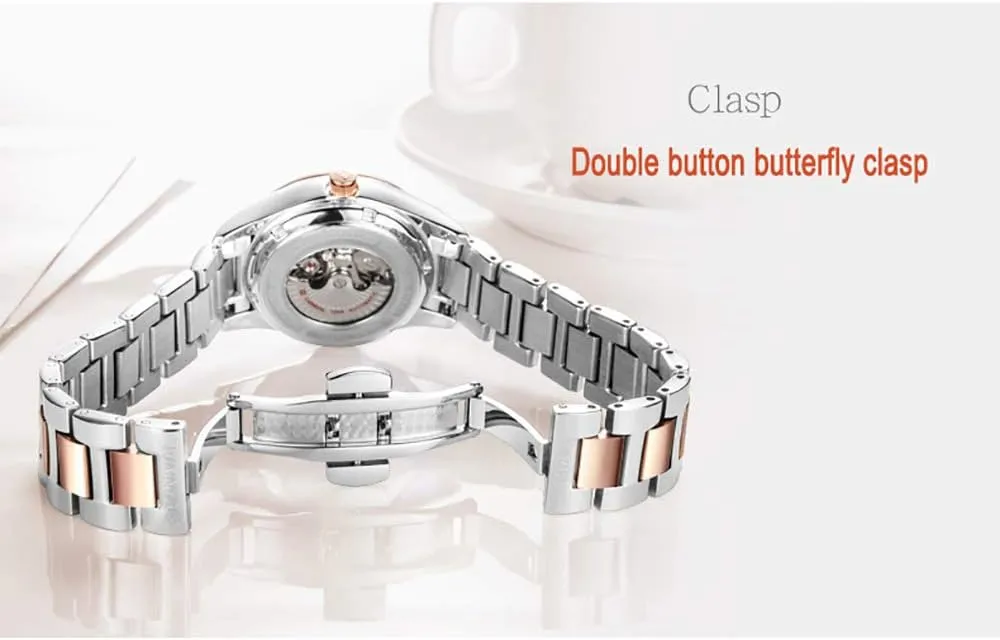 Diamond Automatic Mechanical Rose Gold Stainless acoustical imagist Steel Sapphire Waterproof Lady's Elegant Blue Watch Women's 