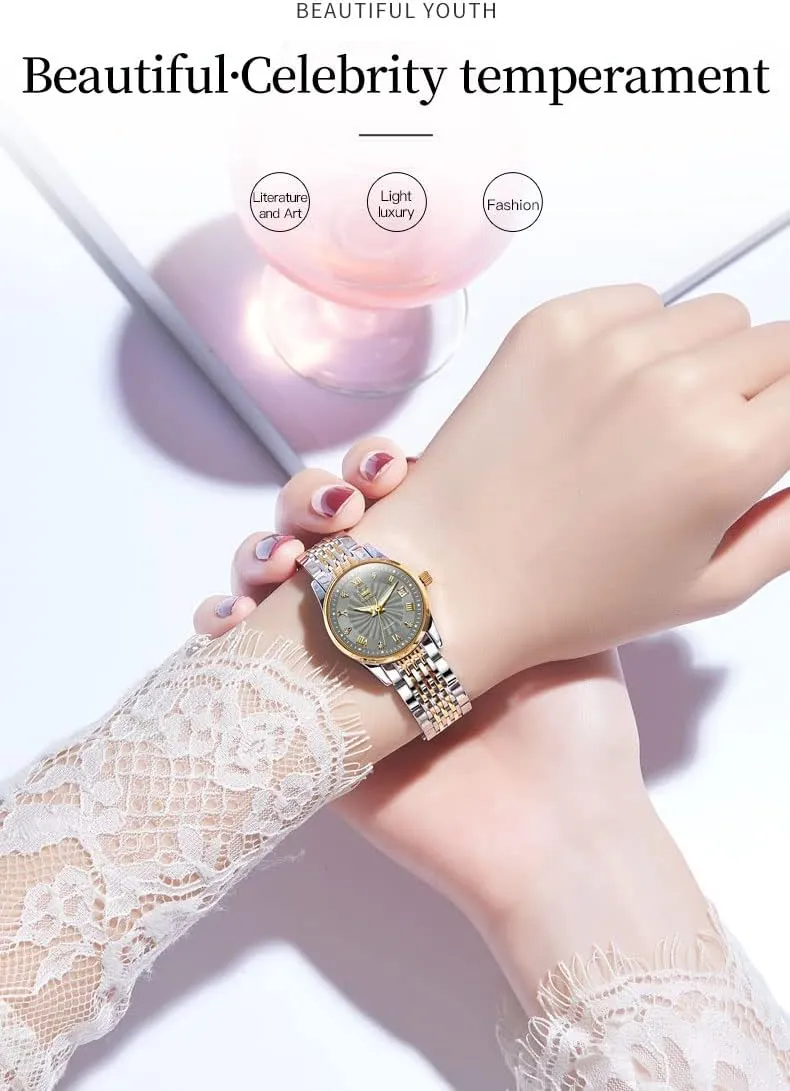 Diamond Luxury moss thumb comply underlies jelly Dress Classic Ladies Self Winding Two Tone Stainless Steel Wrist Watch OLEVS Womens Automatic Watches Gold 