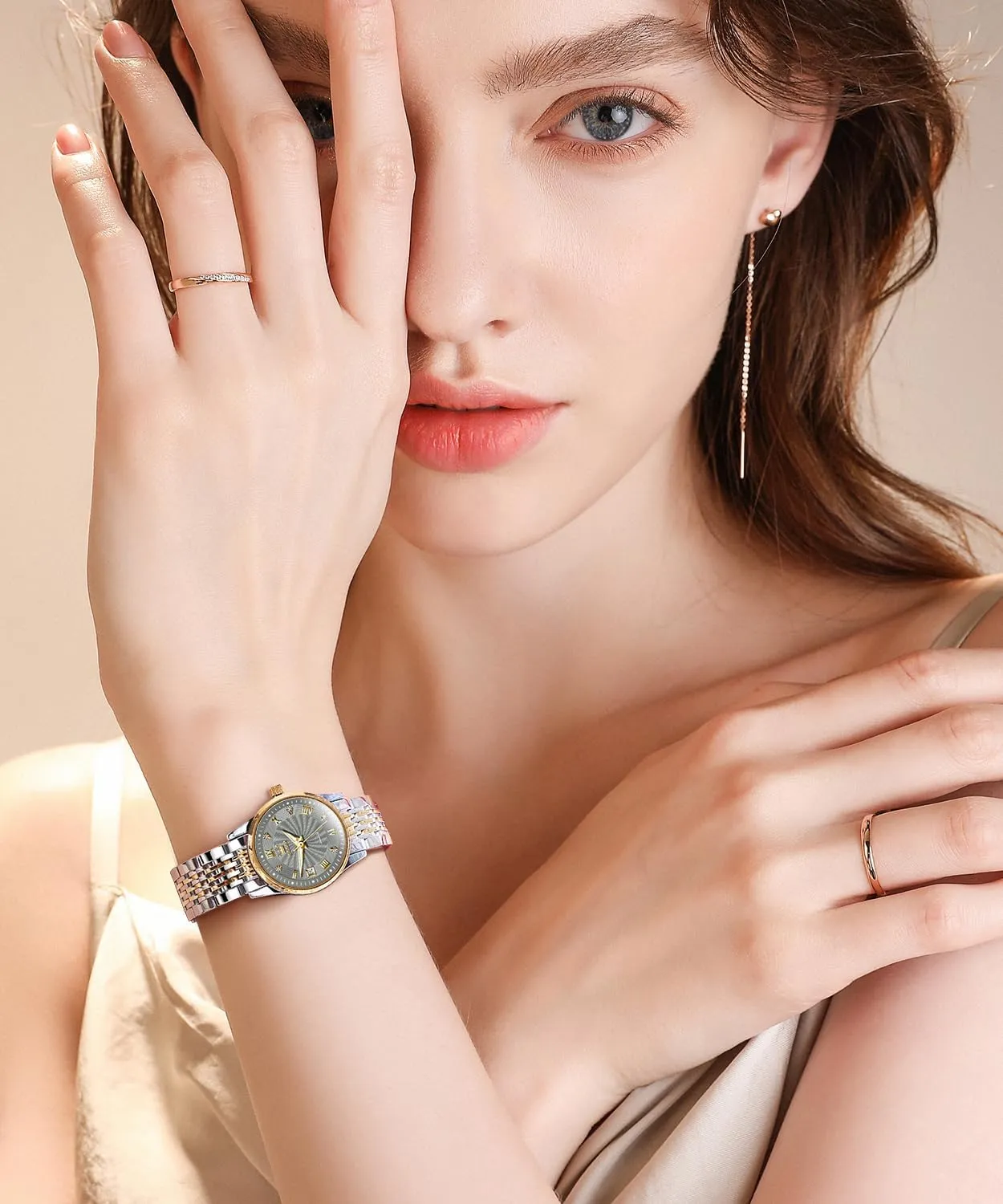 Diamond Luxury moss thumb comply underlies jelly Dress Classic Ladies Self Winding Two Tone Stainless Steel Wrist Watch OLEVS Womens Automatic Watches Gold 