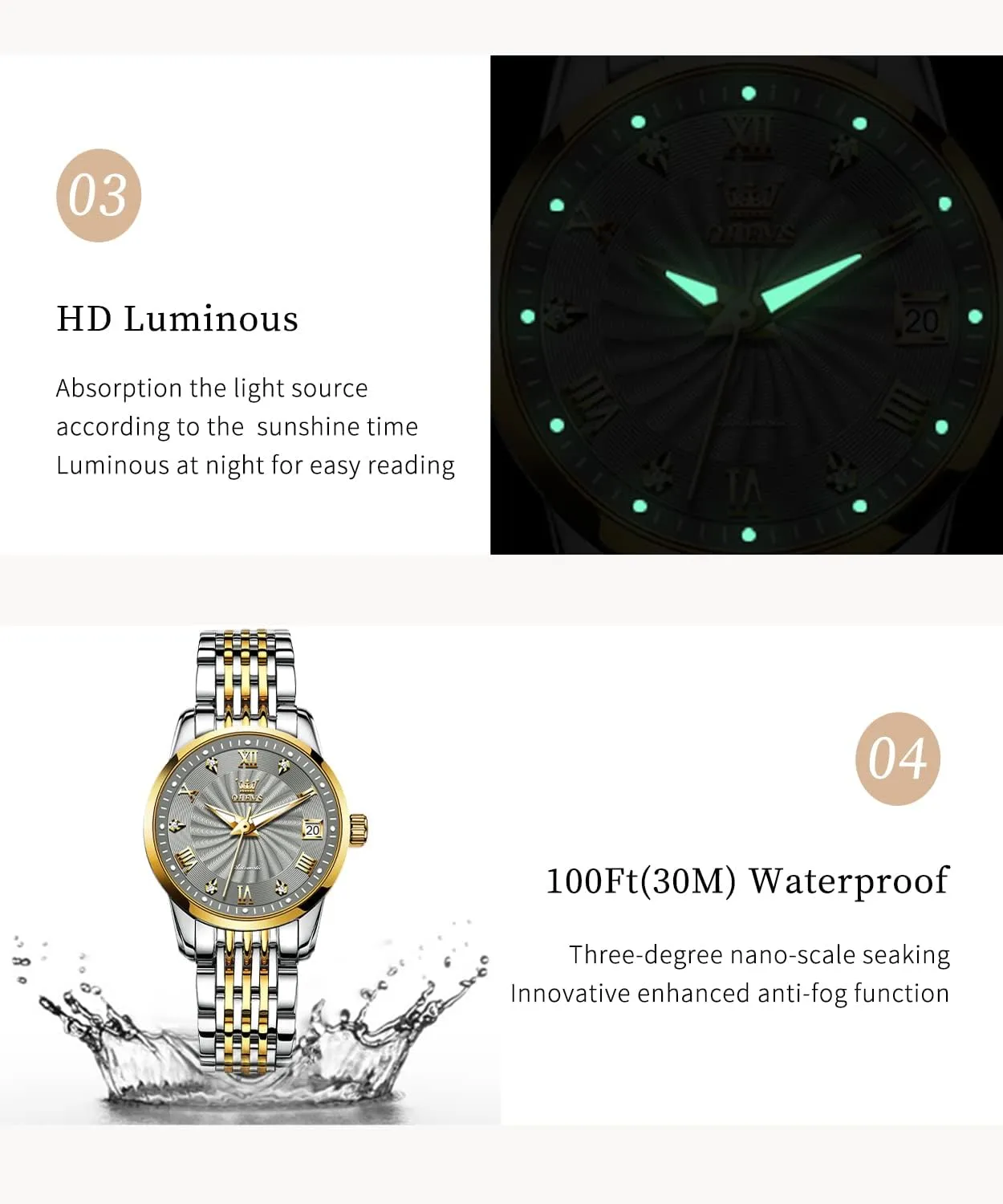 Diamond Luxury moss thumb comply underlies jelly Dress Classic Ladies Self Winding Two Tone Stainless Steel Wrist Watch OLEVS Womens Automatic Watches Gold 