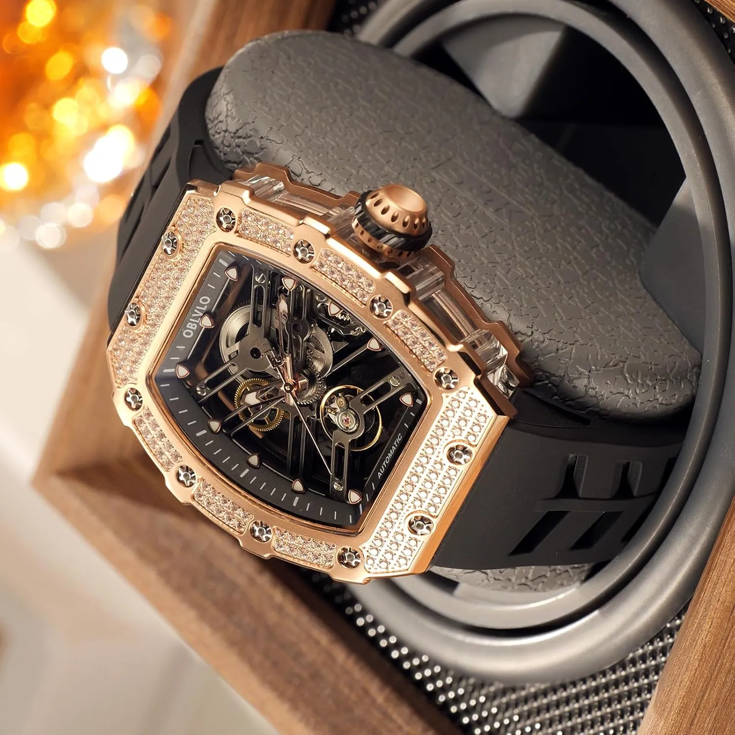 Diamonds Bezel Mechanical Watch Hollow Self-Winding Automatic Silicone inspect Strap Watches for Men XM-XSK-D Fashion Style Rose Gold Tonneau Case with 