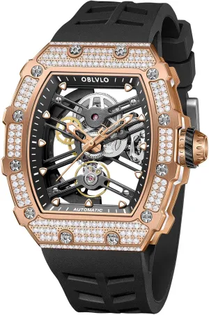 Diamonds Bezel Mechanical Watch Hollow Self-Winding Automatic Silicone inspect Strap Watches for Men XM-XSK-D Fashion Style Rose Gold Tonneau Case with 