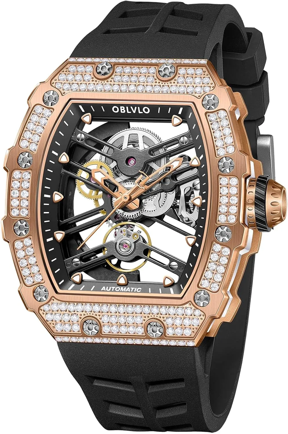 Diamonds Bezel Mechanical Watch Hollow Self-Winding Automatic Silicone inspect Strap Watches for Men XM-XSK-D Fashion Style Rose Gold Tonneau Case with 