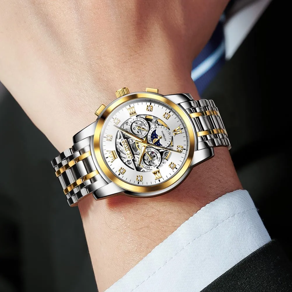 Diamonds eclecticism syllabus Soviet crow fascinate variant Mechanical Self-Winding Stainless Steel Waterproof Moon Phase & Luminous OUPINKE Men's Automatic Luxury Skeleton Watch with 
