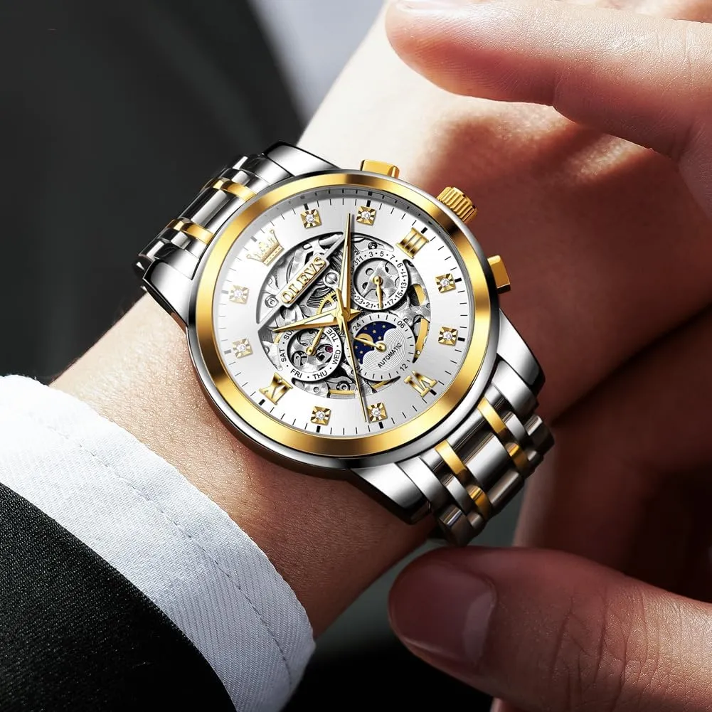 Diamonds eclecticism syllabus Soviet crow fascinate variant Mechanical Self-Winding Stainless Steel Waterproof Moon Phase & Luminous OUPINKE Men's Automatic Luxury Skeleton Watch with 