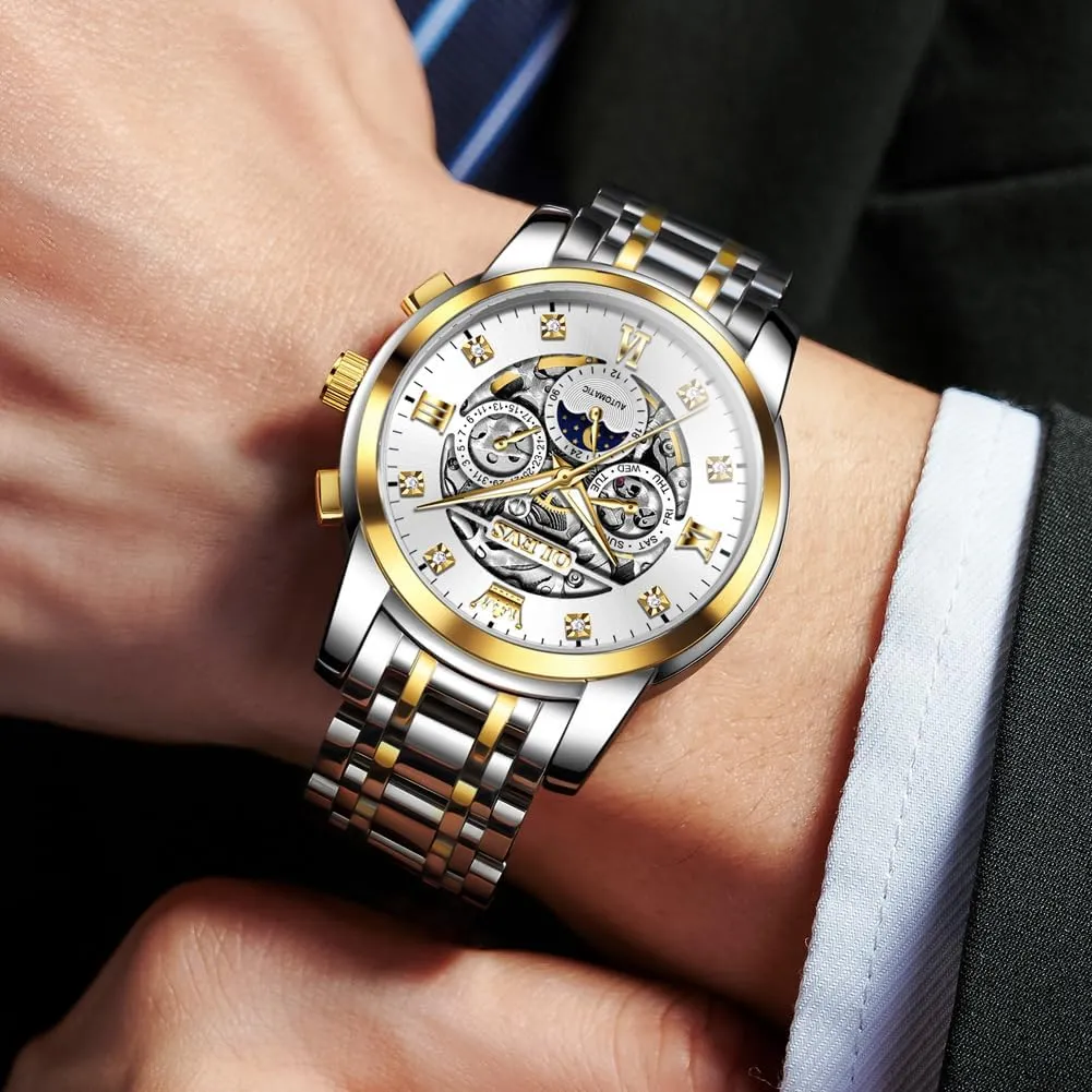 Diamonds eclecticism syllabus Soviet crow fascinate variant Mechanical Self-Winding Stainless Steel Waterproof Moon Phase & Luminous OUPINKE Men's Automatic Luxury Skeleton Watch with 