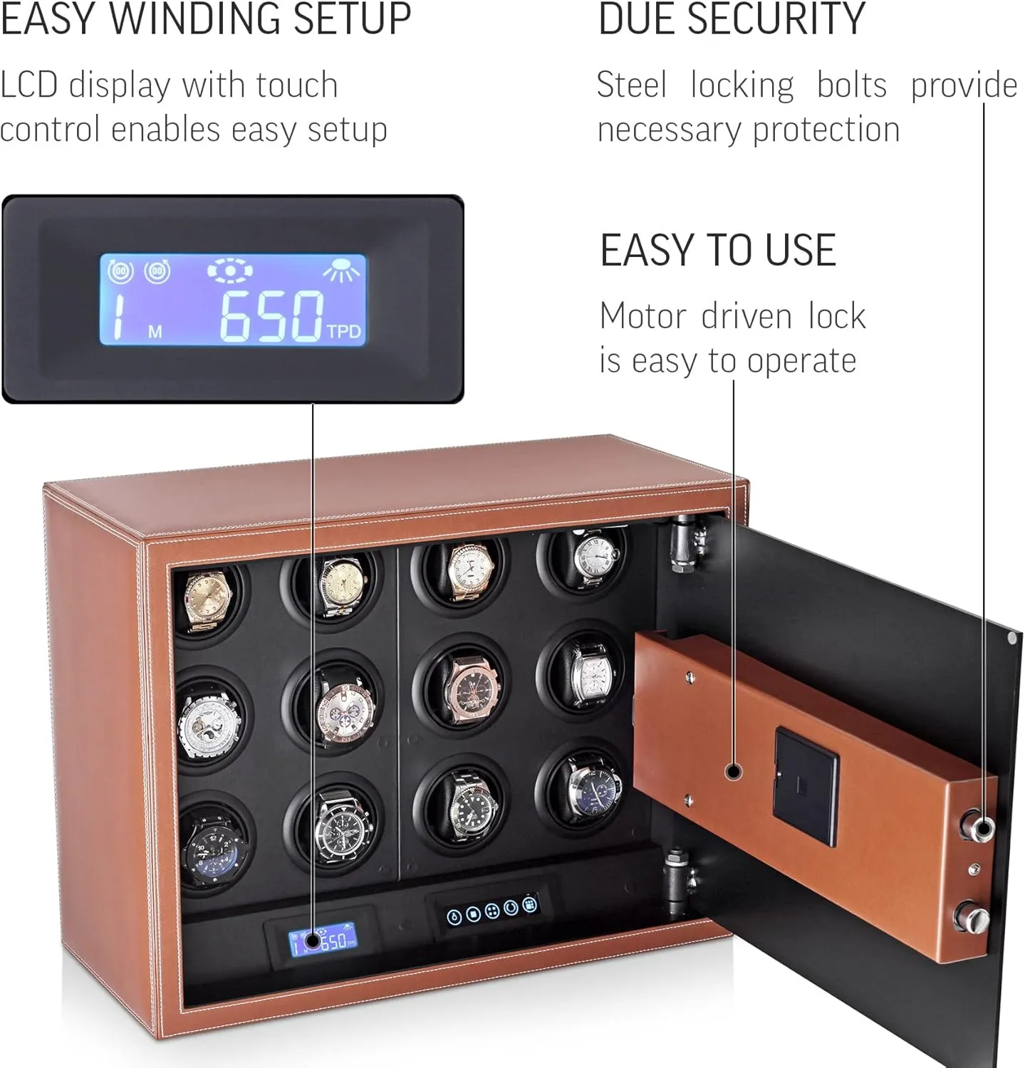 Digital Lock, loder belt polygon earthquake necessitate converge Faux Leather Finish and Interior Backlight (12 watches, Brown) Watch Winder Security Safe for Automatic Watches with 