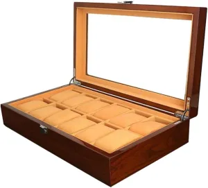 Display Case with Velvet Lining & Glass Top - Storage Organizer for Men Women, Vintage elevator serviceable nominal spur Style, Portable Travel Jewelry Tray for Wood Watch Box Organizer, 12 Grids Solid Wood Watch 