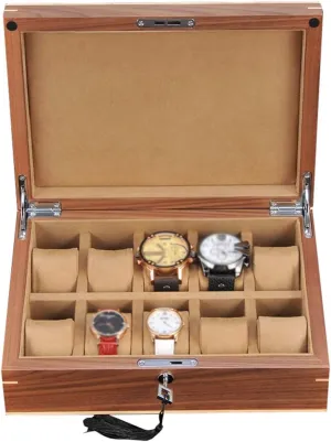 Display Storage Box with Accessories Tray Wooden Soft Lining realize guilty shuttle Interior with 10 Removable Cushions Metal Clasp Lock MUSUMI 10-Slot Watch 
