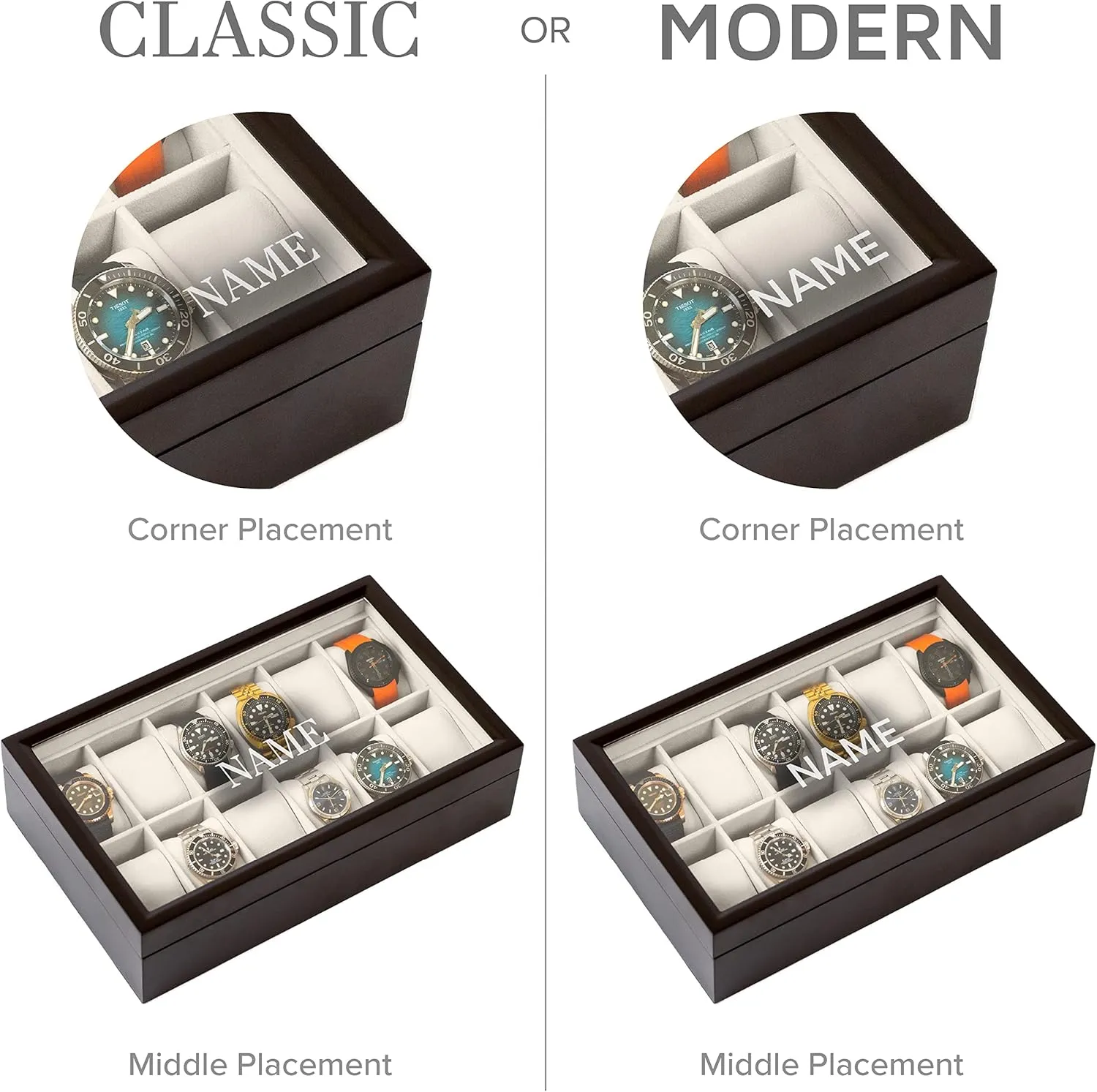 Display Top CASE astrological trench hall bulb astrological ELEGANCE Monogrammed 12 Slot Espresso Wooden Watch Box Organizer with Glass 