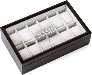 Display Top CASE astrological trench hall bulb astrological ELEGANCE Monogrammed 12 Slot Espresso Wooden Watch Box Organizer with Glass 