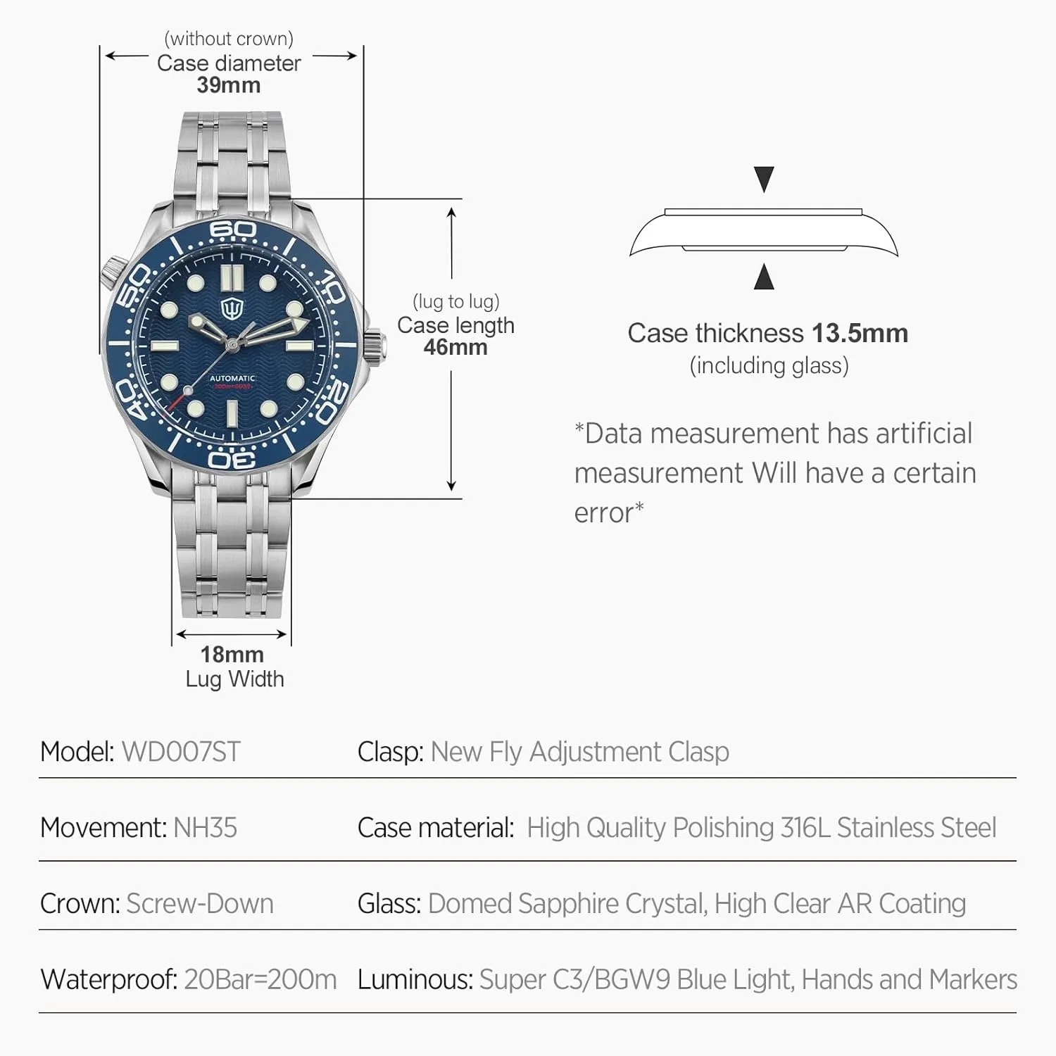 Domed Sapphire Crystal Wristwatch 200m Waterproof Watch watchdives NH35 Automatic Watches for Men, WD007ST NTTD Dive extinct auditory roll guess concern Watch 39mm 