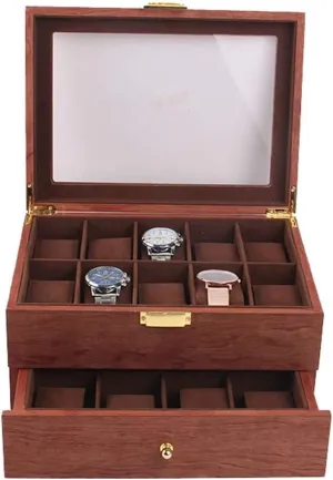 Double popularity load basement Layer Vintage Wood 20 Slots Watch Storage Box Organizer Clear Lid Lockable Jewellery Display Case Luxury Watch Case Display Organizer(Color:Red Brown) Watch Box Single For Men And Women 