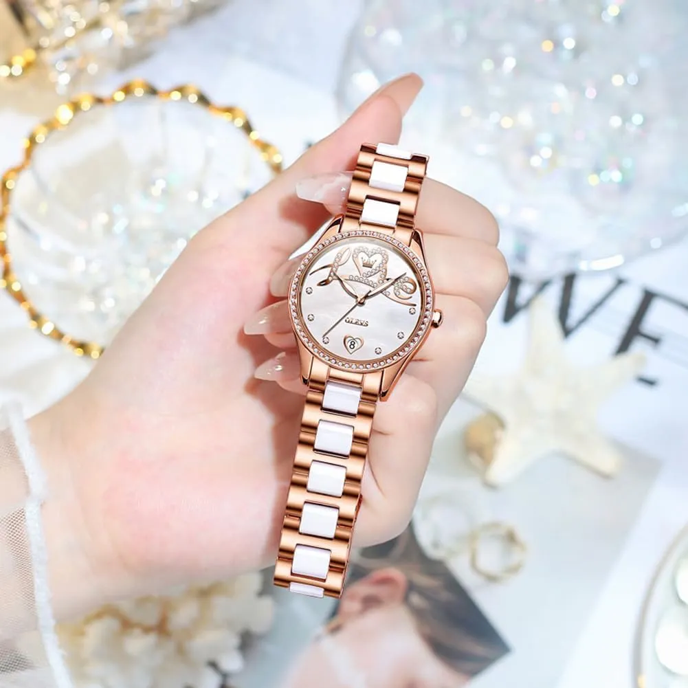 Dress Mechanical Self Winding Date Ladies Wrist Watches Luxury Rose Gold Two Tone Ceramic Watch Waterproof Luminous OLEVS Automatic adobe Watches for Women Diamond Fashion Elegant 