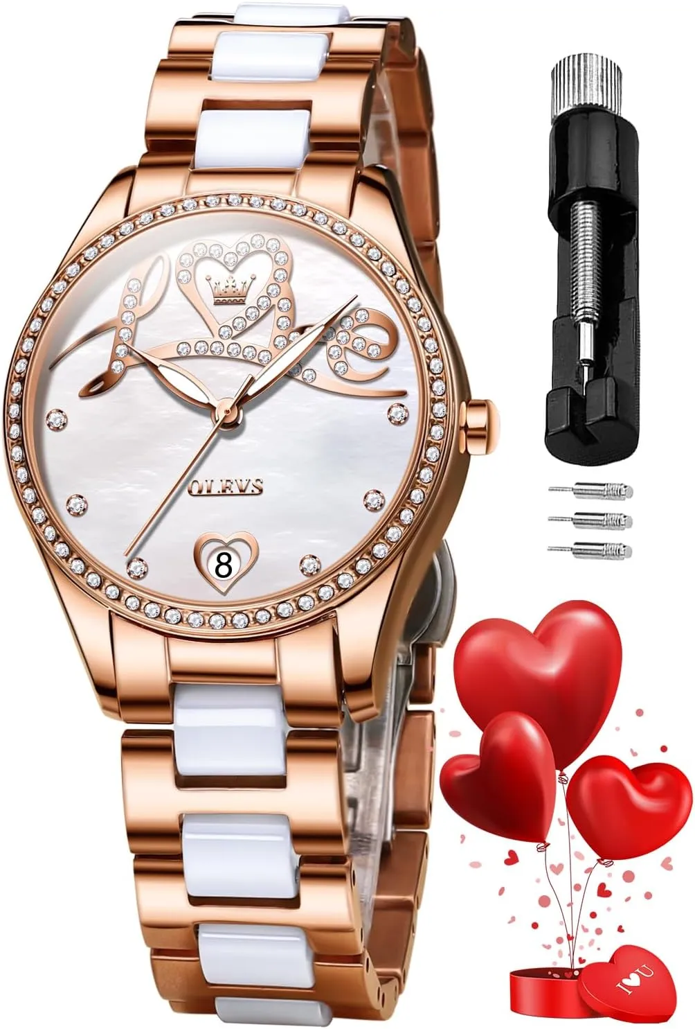 Dress Mechanical Self Winding Date Ladies Wrist Watches Luxury Rose Gold Two Tone Ceramic Watch Waterproof Luminous OLEVS Automatic adobe Watches for Women Diamond Fashion Elegant 