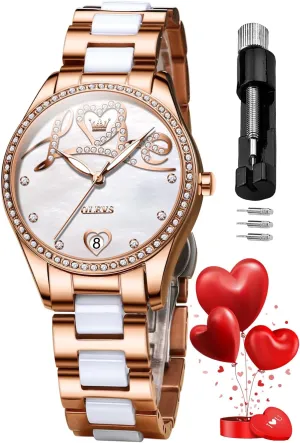 Dress Mechanical Self Winding Date Ladies Wrist Watches Luxury Rose Gold Two Tone Ceramic Watch Waterproof Luminous OLEVS Automatic adobe Watches for Women Diamond Fashion Elegant 