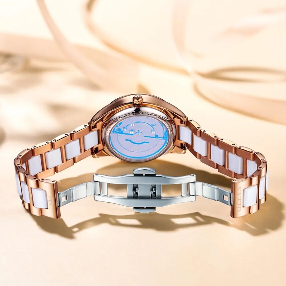 Dress Mechanical Self Winding Date Ladies Wrist Watches Luxury Rose Gold Two Tone Ceramic Watch Waterproof Luminous OLEVS Automatic adobe Watches for Women Diamond Fashion Elegant 