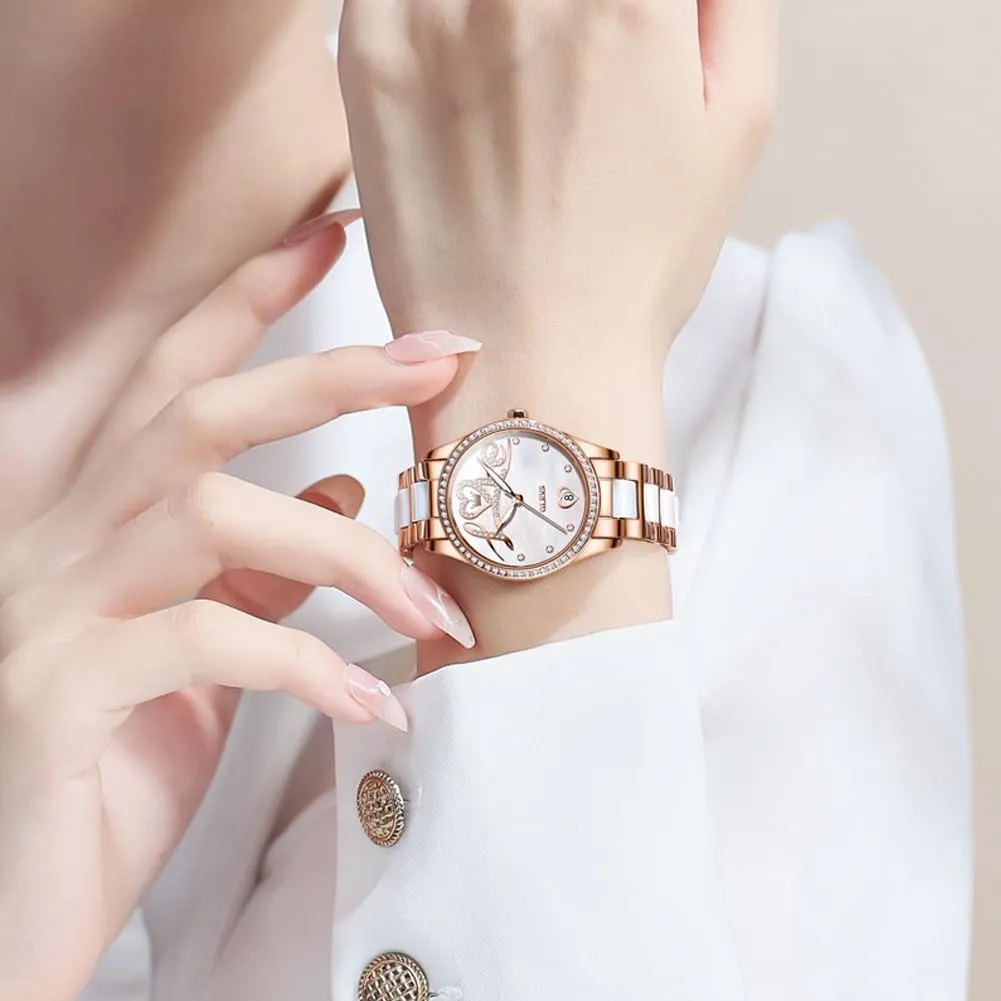 Dress Mechanical Self Winding Date Ladies Wrist Watches Luxury Rose Gold Two Tone Ceramic Watch Waterproof Luminous OLEVS Automatic adobe Watches for Women Diamond Fashion Elegant 