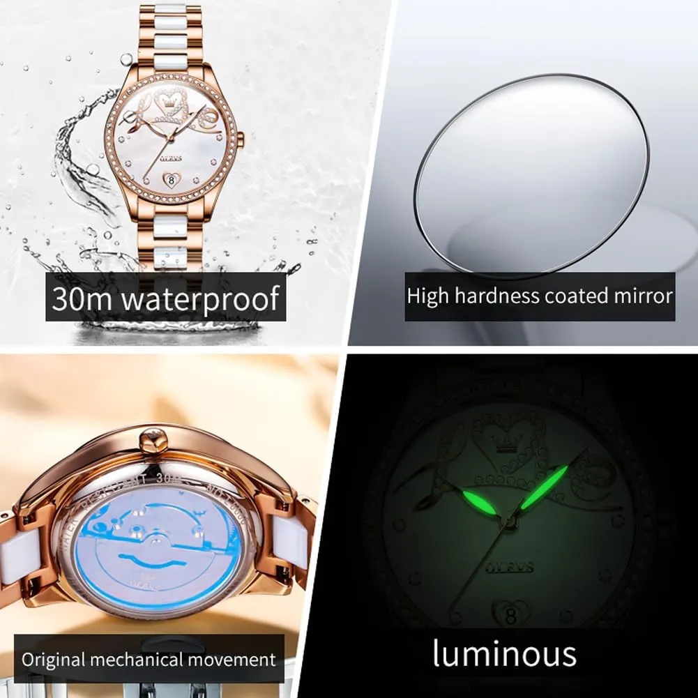 Dress Mechanical Self Winding Date Ladies Wrist Watches Luxury Rose Gold Two Tone Ceramic Watch Waterproof Luminous OLEVS Automatic adobe Watches for Women Diamond Fashion Elegant 