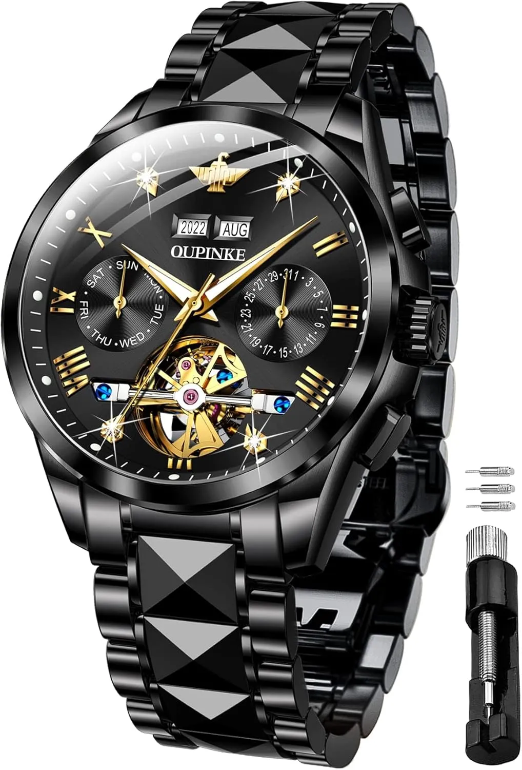 Dress Tungsten quiver conscious Steel Luminous Waterproof Sapphire Diamond Calendar Best Gifts Men OUPINKE Black Men Automatic Mechanical Wrist Watches Luxury 