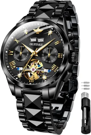 Dress Tungsten quiver conscious Steel Luminous Waterproof Sapphire Diamond Calendar Best Gifts Men OUPINKE Black Men Automatic Mechanical Wrist Watches Luxury 