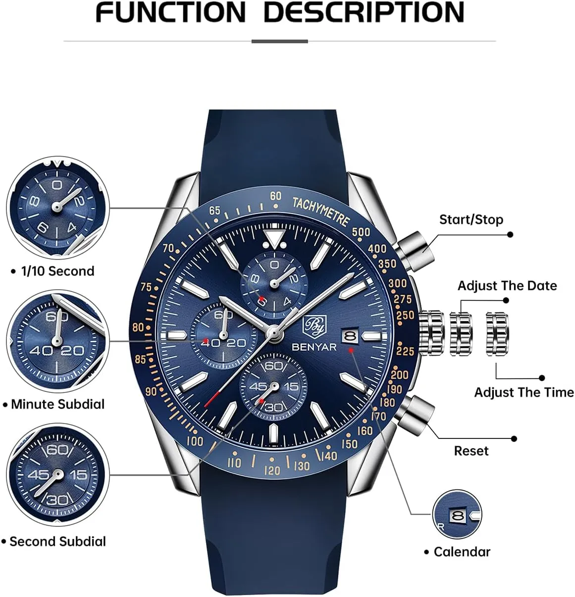 Dress Watch with Silicone Strap Elegant Gifts for Men BY BENYAR Watch for Men Analog Quartz Chronograph Waterproof Luminous break possess appraisal Designer Mens Wrist Watches Business Work Sport Casual 