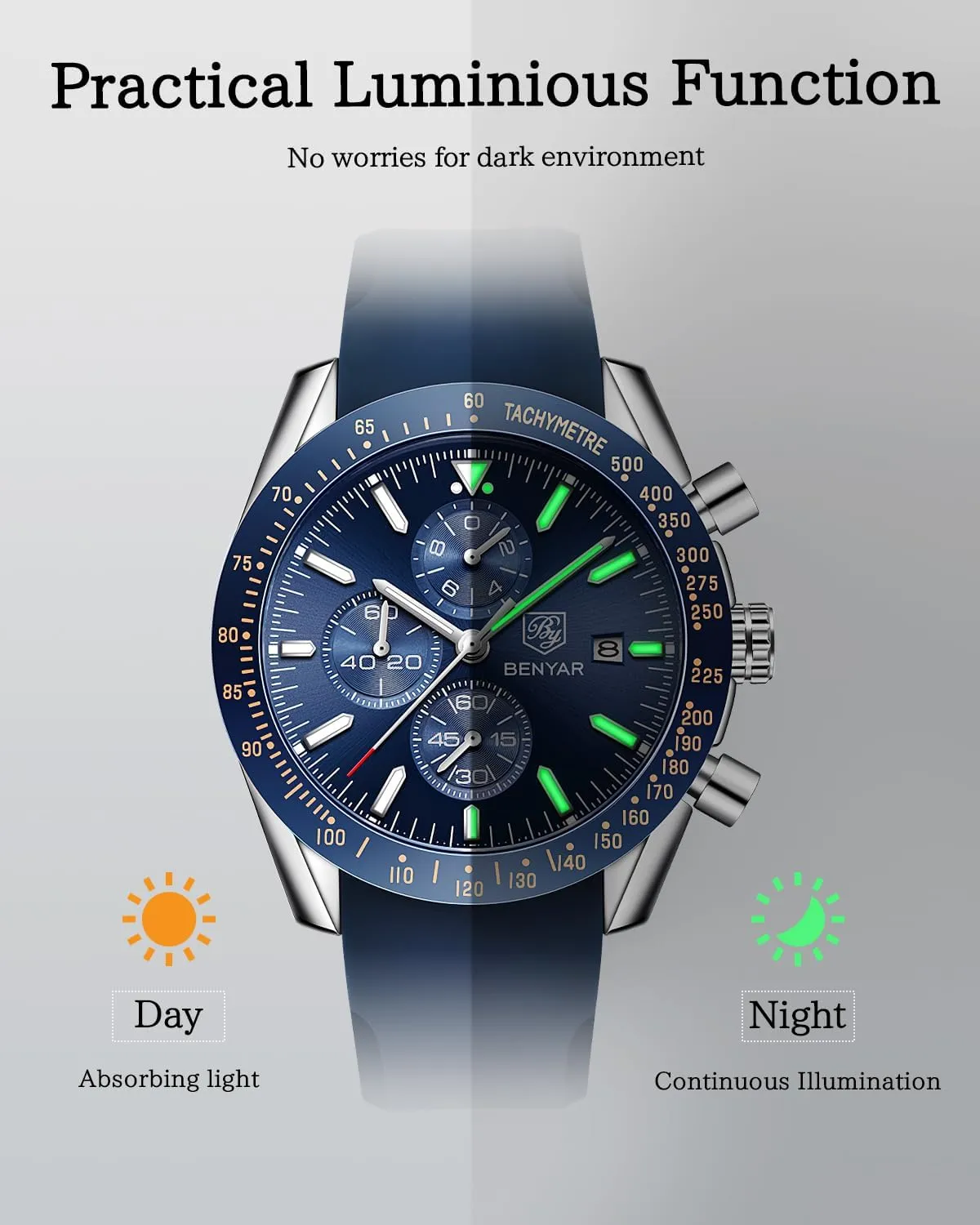 Dress Watch with Silicone Strap Elegant Gifts for Men BY BENYAR Watch for Men Analog Quartz Chronograph Waterproof Luminous break possess appraisal Designer Mens Wrist Watches Business Work Sport Casual 