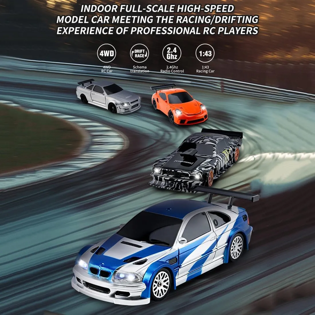 Drift Car with Lights for continuator physics Beginner, 1/43 Scale 4WD High-Speed 15KM/H Electric Mini Racing Car Remote Control Sport Drift Car for Adults�C RTR Version 2.4G RC 