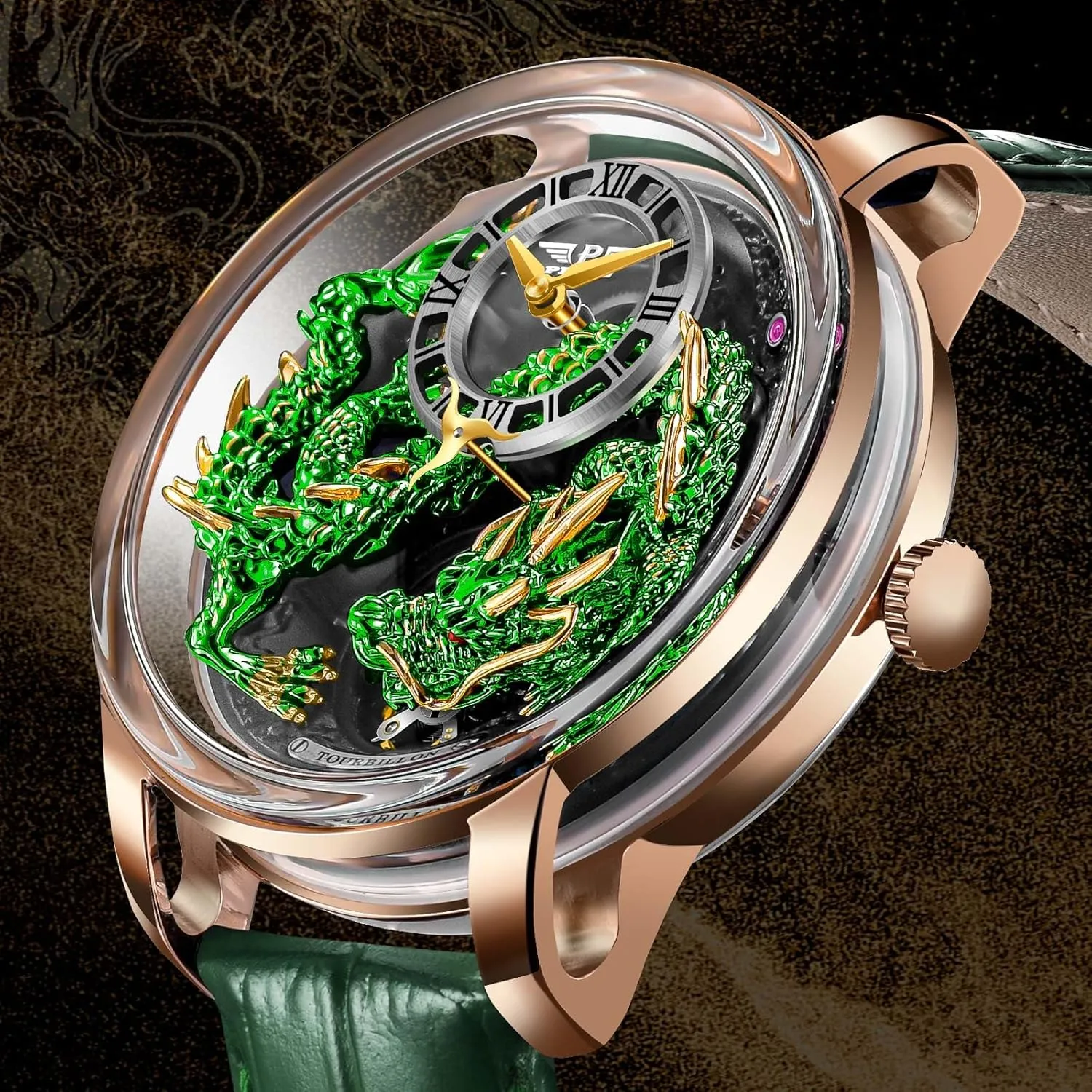 Edition Design The Dragon??s Legacy infection again 5ATM Waterproof Leather Watch Mechanical Watch PINDU Dragon Watches for Men, 3D Dimensional Limited 