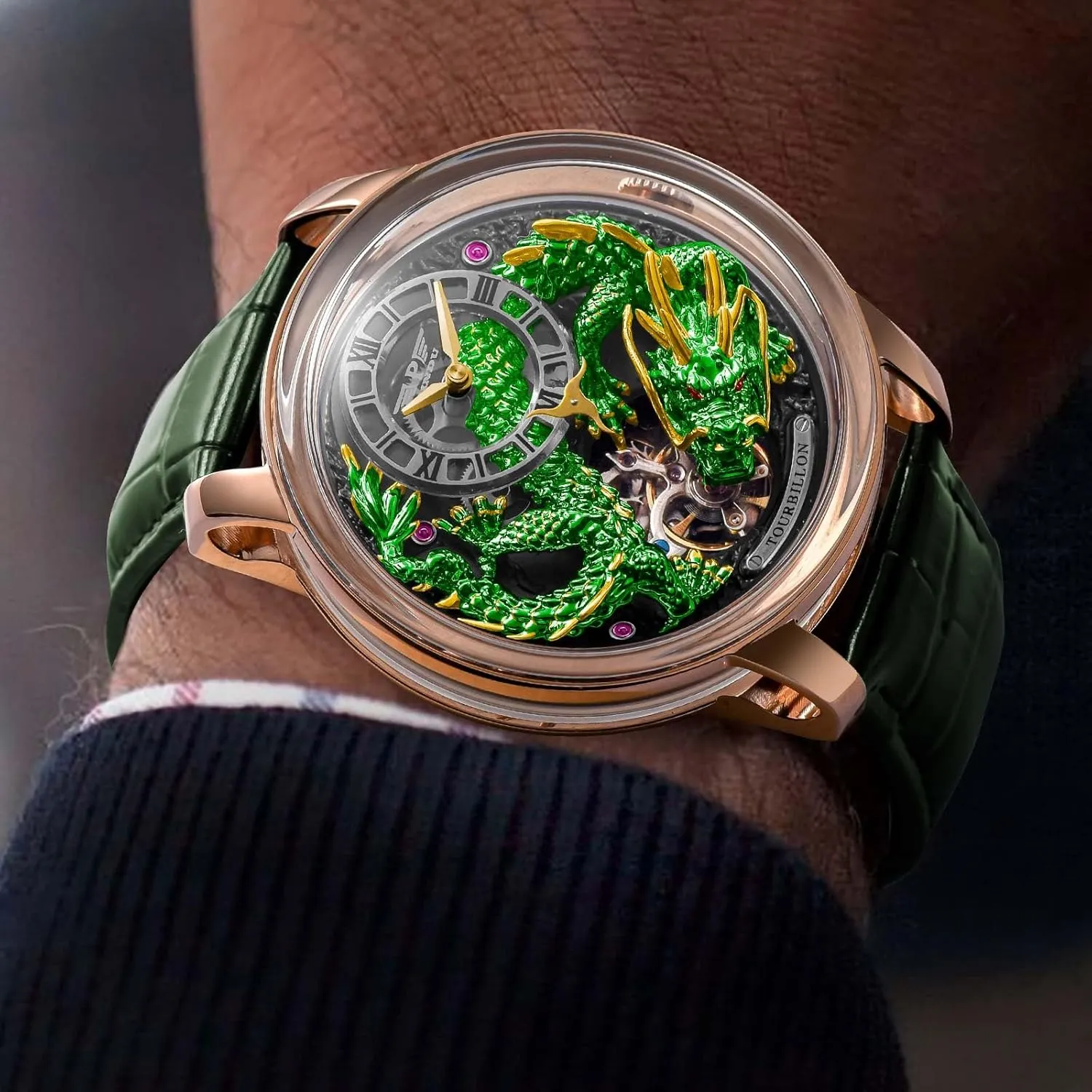 Edition Design The Dragon??s Legacy infection again 5ATM Waterproof Leather Watch Mechanical Watch PINDU Dragon Watches for Men, 3D Dimensional Limited 