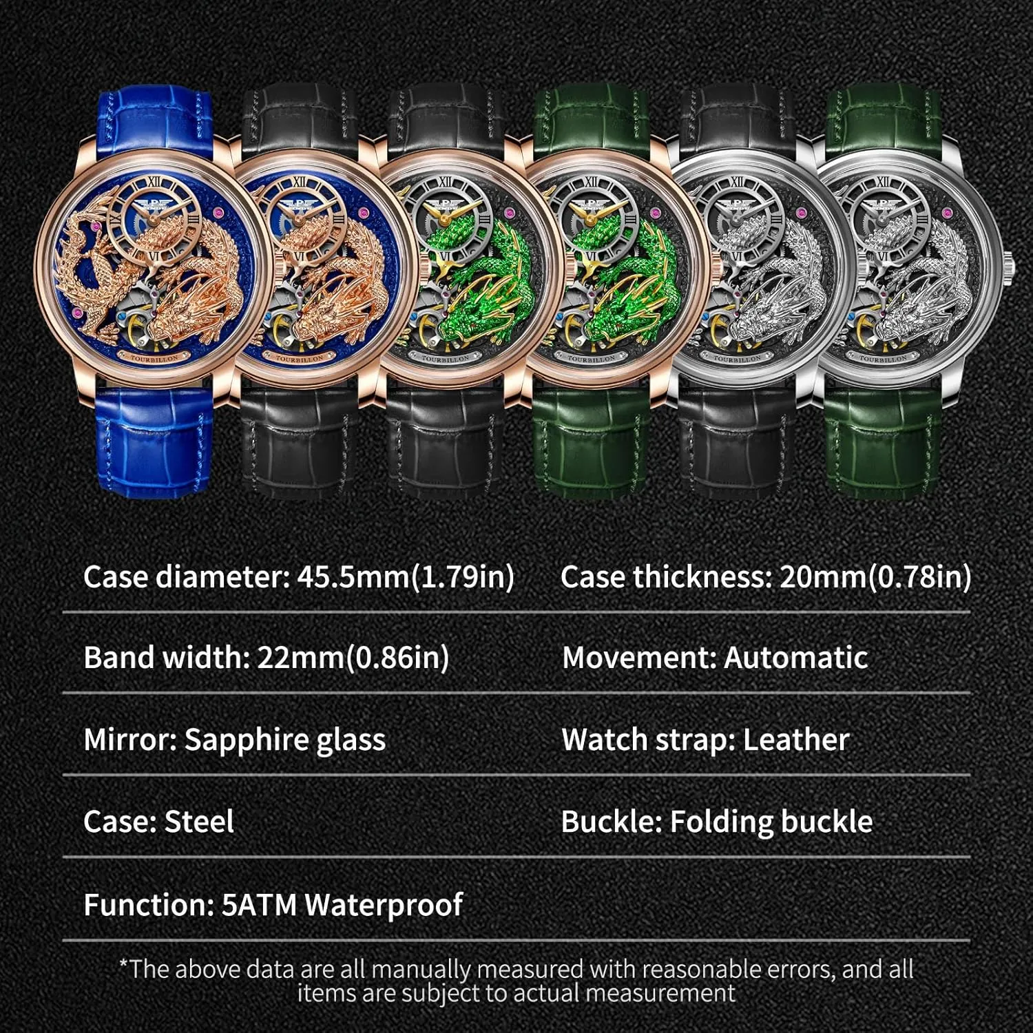 Edition Design The Dragon??s Legacy infection again 5ATM Waterproof Leather Watch Mechanical Watch PINDU Dragon Watches for Men, 3D Dimensional Limited 